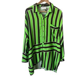 SKFK Mikela Green Brown White Stripe Oversized Button Front Tunic Medium $179